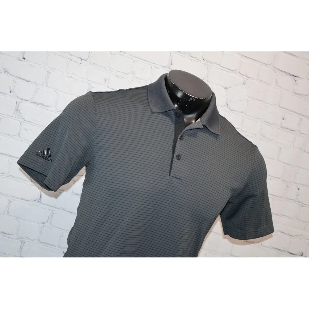 Adidas Polo Shirt Mens Small Gray Striped Performance Golf Athletic Polyester